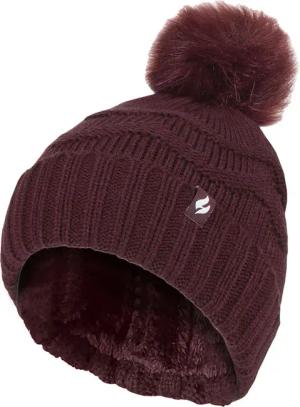 Damen Winter Pelz Beanie Mütze | Wärmehalter | Zickzack gemusterte Pom Pom Hut | Womens Thermal Cuff Bobble Hat - Wein