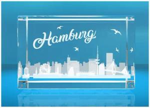 Dekofigur 3D Glasquader I Hamburg I Skyline, Hochwertige Geschenkbox, Made in Germany, Familienbetrieb