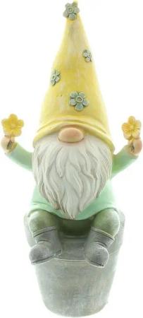 Dekoleidenschaft Wichtel "Blümchen" aus Polyresin gelb / grün Frühlingsdeko Gartenzwerg sitzend, auf Blumentopf, Dekofigur, Gartendeko für Draußen, Frühlingswichtel