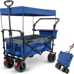 deluxe4home® Bollerwagen faltbar mit Breiten Reifen und Dach   Blau/Grau
