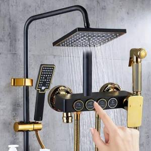 DENU-Home Duschsystem Brausegarnitur Schwarz Gold Thermostat-Mischbatterie für Badezimmer, 4 Strahlart(en), 4-Fach verstellbare Handbrause mit Antikalk-Noppen.
