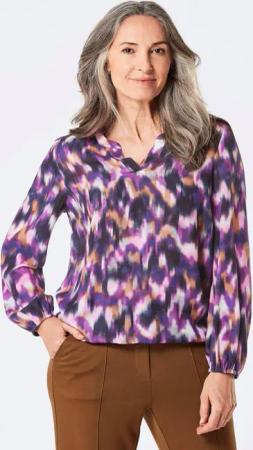 Druckbluse mit Tunika-Ausschnitt - lila / gemustert - Gr. 44 von Goldner Fashion