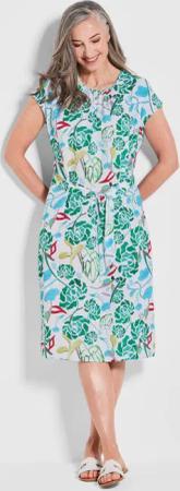 Druckkleid mit Alloverprint & Bindegürtel - grün / gemustert - Gr. 54 von Goldner Fashion