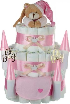dubistda-WINDELTORTEN- Neugeborenen-Geschenkset Große Windeltorte Windelschloss, Musikspieluhr Bär rosa (3-stöckig, Geschenk zur Geburt) personalisierbar