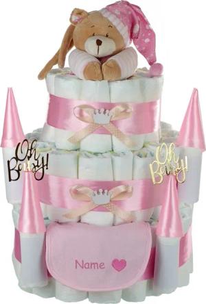 dubistda-WINDELTORTEN- Neugeborenen-Geschenkset Große Windeltorte Windelschloss, Musikspieluhr Bär rosa (3-stöckig, Geschenk zur Geburt) personalisierbar