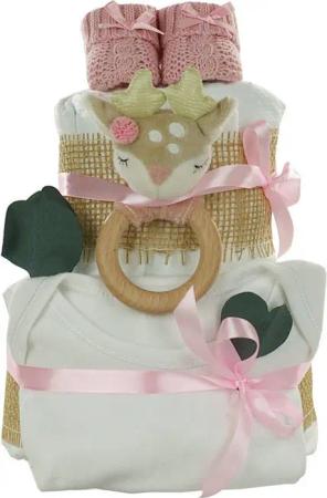 dubistda-WINDELTORTEN- Neugeborenen-Geschenkset Windeltorte Mädchen mit Name bedruckt, REH ELLA, rosa Personalisierbar