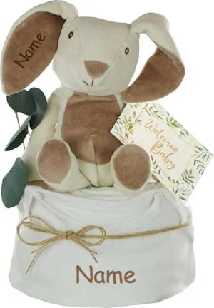 dubistda-WINDELTORTEN- Neugeborenen-Geschenkset Windeltorte neutral, KUSCHELHASE, personalisierbar mit Name (Geschenk zur Geburt mit Name, Premium)