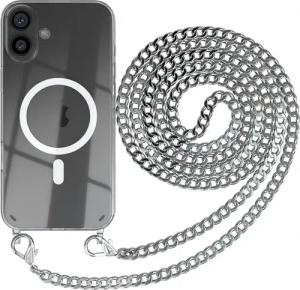 EAZY CASE Handykette 2in1 Metallkette MagSafe Hülle für iPhone 16 Plus 6,7 Zoll, MagSafe Tasche mit Kette Metallkette Handykette Umhängetasche Silber