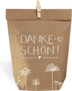 Eine der Guten Verlag Geschenkpapier Geschenktüten Set - Dankeschön, (24St), 24 bedruckte Kraftpapiertüten 14x22 cm & Holzklämmerchen, beige weiß