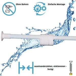 Ekershop Duschvorhangstange Weiß Duschstange 150 - 270 cm Teleskopstange Klemmstange inkl. Ringe, Ø 24 mm, ausziehbar, kürzbar, geklebt, für Duschvorhang mit Duschvorhangringe