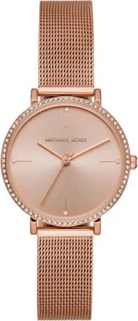 Elegante Damenuhr der Marke Michael Kors in der Farbe Roségold. Die Uhr ist aus rostfreiem Stahl gefertigt. Das Armband ist ebenfalls aus Edelstahl gefertigt und kann leicht kleiner oder größer gemacht werden. Das Gehäuse der Uhr hat einen Durchmesser von