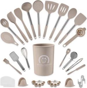 ElitVita Kochbesteck-Set 45 Silikon Küchenhelfer, Edelstahl Griff, mit Spatel Suppenkelle (45-tlg., Spatel, Suppenlöffel, Bratspatel, Puderkralle, Lebensmittelklammer), Mit Schneebesen Bratspatel Utensilienhalter Aufhängeschlaufe