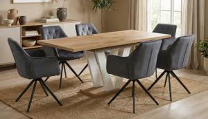 Endo-Moebel Essgruppe "Lara White" 130-210cm ausziehbar, Tischgruppe, für 6 Personen, (1 ausziehbarer Esstisch, 6 bequeme Stühle), Synchronauszug, Erweiterbar, Weiße Tischbeine, Säulengestell