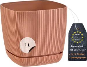 Engelland Blumentopf Pflanztopf mit Drainagesystem & Untersetzer (12 x 12 cm, 1 Liter, 1 St., robuster PP-Kunststoff), eckig, Rillenoptik, UV-resistent, direkte Bepflanzung
