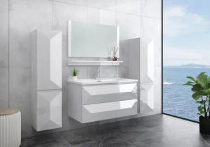 Faizee Möbel Badmöbel-Set Badmöbel Set vormontiert "Miran" Weiß/Schwarz Keramik Hochglanz 90 cm, (5-St)