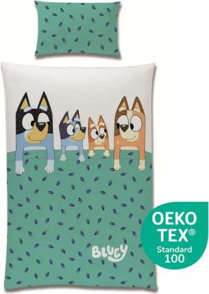 Familando Kinderbettwäsche Bluey "Family" Babygröße 100x135 40x60 cm aus 100% Baumwolle, Renforcé, 2 teilig, mit Reißverschluss und Hoteleinschlag