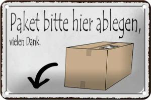 Femer GmbH Metallschild Spruch 18x12cm Paket bitte hier ablegen vielen Dank Schild, (1 St), gewölbte Oberfläche, abgerundete Ecken, umgeschlagene Kanten