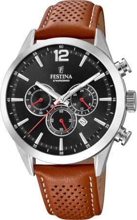 Festina Chronograph Timeless Chronograph F20542/6, Armbanduhr, Quarzuhr, Herrenuhr, Stoppfunktion, Lederarmband