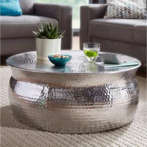FINEBUY Couchtisch SuVa12222_1 Wohnzimmertisch Sofatisch rund Hammerschlag Loungetisch (75x31x75 cm Aluminium Hammerschlag Silber Rund), Sofatisch Orientalisch, Großer Wohnzimmertisch