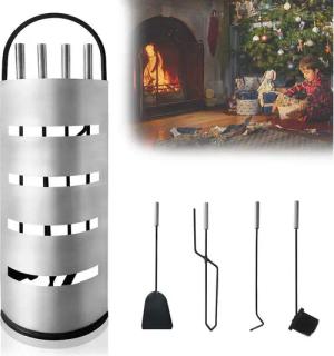 FIVMEN Kamingarnitur 5 teilig Kaminzubehör Edelstahl Kaminofen Kaminbesteck, mit Standfuß, Besen, Zange, Schürhaken, Ascheschaufel, Silber/Schwarz