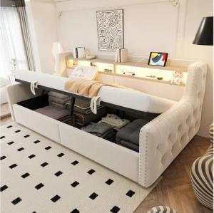 Flieks Daybett, Hydraulisches Polsterbett 90x200cm mit LED-Beleuchtung, Ladeanschluss