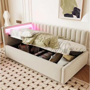 Flieks Daybett, Polsterbett Schlafsofa Einzelbett 90x200cm mit hydraulischem Stauraum