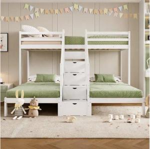 Flieks Etagenbett, Kinderbett Dreierbett 90x200cm mit Stauraumtreppe und Geländer