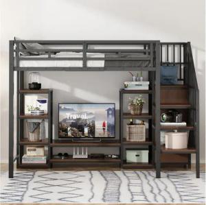 Flieks Hochbett Kinderbett 90x200cm mit TV-Ständer, Steckdose und Stauraumtreppe