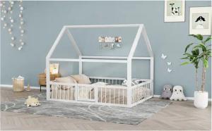 Flieks Kinderbett, Hausbett Metallbett Doppelbett 140x200cm mit Lattenrost, Tür und Zaun