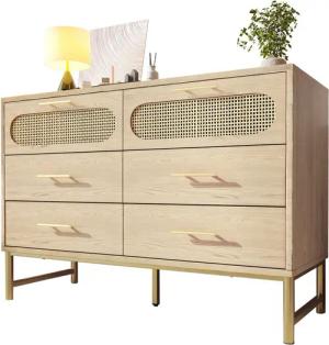 Flieks Kommode, Stauraumschrank Sideboard mit 6 Schubladen Rattan Eiche 120x40x74cm
