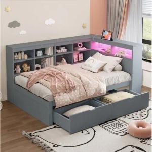 Flieks Massivholzbett, LED Einzelbett 90x200cm mit Stauraum, USB-Aufladen und Schublade