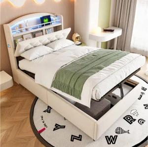 Flieks Polsterbett, Hydraulisches Kinderbett 90x200cm mit LED, Stauraum und Aufladen