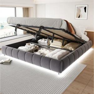 Flieks Polsterbett, Hydraulisches Stauraumbett 180x200cm ohne Kopfteil mit LED-Lichtleiste