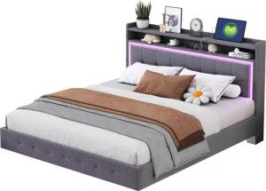 Flieks Polsterbett, LED Doppelbett 160x200cm mit USB-Laden und Stauraum am Kopfteil Leinen