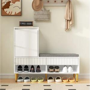 Flieks Schuhschrank Schuhkommode mit 2 Schubladen, 1 Türen und verstellbarer Ablagen (100x35x90cm, 1-St., gepolsterter Sitzfläche und Metallbeine, ca 6 Paar Schuhe) Schuhwechselhocker mit Seitenschrank Schuhbank Schuhregal Weiß