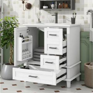 Flieks Waschtisch mit 3 Schubladen und 1 Türregal (B76/T46/H83,5 cm, Beine aus Massivholz, 1-St., bodenstehend, Badschrank Badzimmerschrank Volllackierung), Waschbeckenunterschrank mit Waschbecken Badmöbel in Breite 76 cm