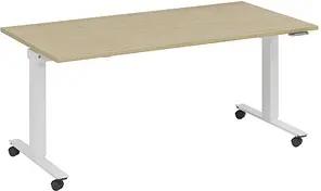 fm Topspin elektrisch höhenverstellbarer Schreibtisch akazie, verkehrsweiß rechteckig, T-Fuß-Gestell mit Rollen weiß 140,0 x 70,0 cm