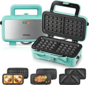 FOHERE 3-in-1-Sandwichmaker mit abnehmbaren Platten (Waffel, Panini, Sandwich), 1200 W, 5 Temperaturstufen, antihaftbeschichtet, leicht zu reinigen