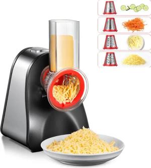 FOHERE Gemüsehobel 4 in 1 Elektrischer Gemüseschneider mit 4 Konischen Klingen, 200W, Kunststoff, Edelstahl, Ein-Knopf-Bedienung, Platzsparendes Design