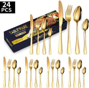 Forrlite Besteck-Set Besteck Set für 6 Personen,24teiliges Edelstahl Essbesteck&Steakmesser, 6 Personen, Elegantes/Modernes Besteckset,Besteck Set für Restaurant,Hotel,Zuhause