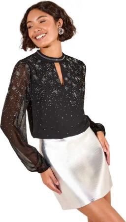 Friends Like These Langarmbluse Friends Like These Chiffon-Bluse mit Strass (1-tlg)