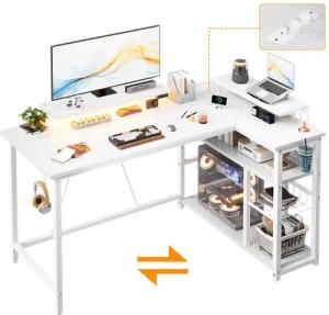 Furnicopia Eckschreibtisch L-förmiger Gaming-Schreibtisch mit Stauraum, Steckdosen und LED (120/140 cm großer Schreibtisch mit zwei Monitorhalterungen, zwei Ablagen, einer verstellbaren Ablage, einem Becherhalter und einem Kopfhörerhalter)