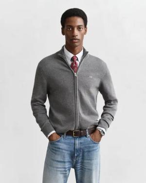 Gant Cardigan "CASUAL COTTON ZIP CARDIGAN" Mit Rippbündchen an Stehkragen, Ärmeln und Saum