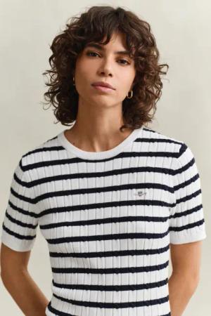 Gant Kurzarmpullover "STRETCH COTTON CABLE STRIPE SS" Gestreifter Zopfstrick, Rundhals, Schmale Passform