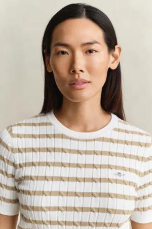 Gant Kurzarmpullover "STRETCH COTTON CABLE STRIPE SS" Gestreifter Zopfstrick, Rundhals, Schmale Passform