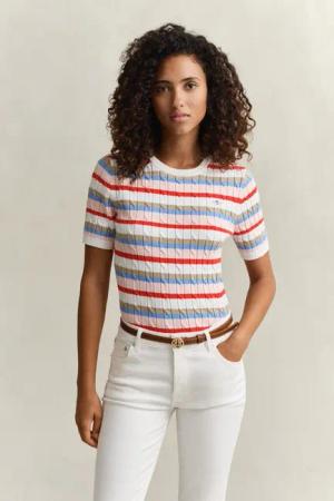 Gant Kurzarmpullover STRETCH COTTON CABLE STRIPE SS Gestreifter Zopfstrick, Rundhals, Schmale Passform
