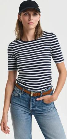 Gant T-Shirt "SLIM STRIPED 1X1 RIBBED KA T-SHIRT" mit dezentem Logoschriftzug am Ärmelabschluss