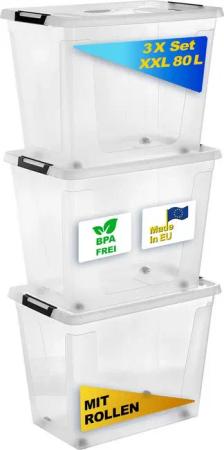 Gardissimo Aufbewahrungsbox 3 er Set mit Deckel New Clip 80 Liter Kunststoff Boxen Stapelboxen (Komplett-Set, 3 Boxen + Deckel), stapelbar und nestbar mit Rollen und Clip-Verschluss