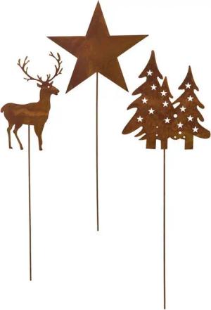 Gasper Gartenstecker Metall Stecker Hirsch Baum Stern. 3er Set. Rost Dekostecker 40-50cm