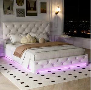 Gdood Polsterbett Stauraumbett Doppelbett LED (Hydraulisch hebbarer Stauraum), Mit LED-Beleuchtung, Bettkasten, Lattenrost, Leinen, 140x200 cm